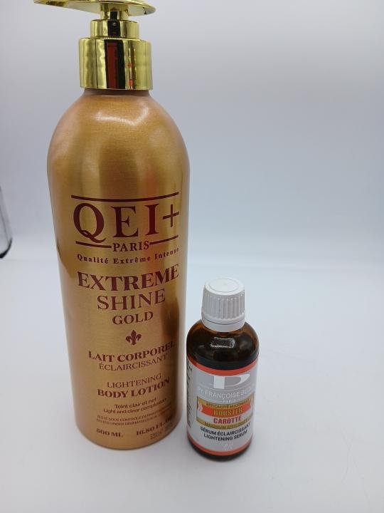 Lait QEI plus Extreme Shine Gold 500ml et serum Francoise Bedon Ultime Carotte Booseter