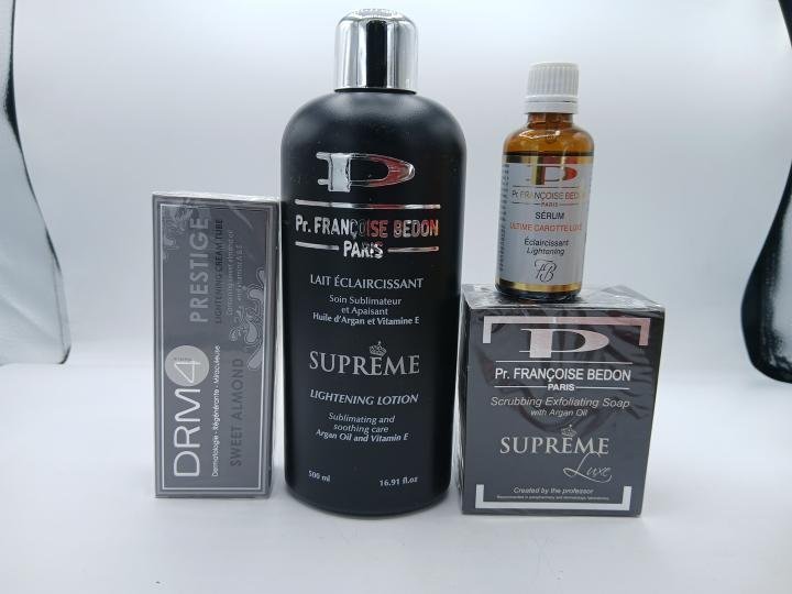 Francoise Bedon mini gamme , Lait SUPREME, savon supreme, creme DRM Prestige et huile Ultime Carrot une combo efficace pour un teint illuminé