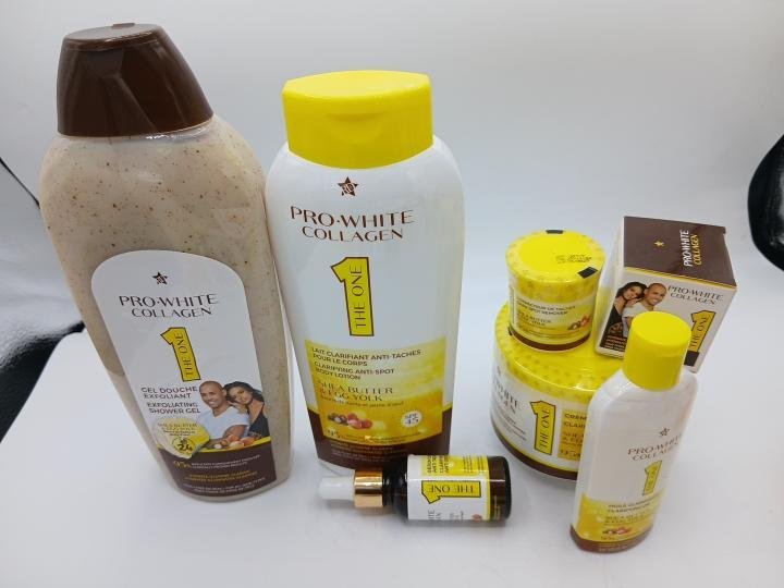 Pro White collagen Gel douche gommant, Lait, Creme Pot, Creme visage Huile et Serum 6 pcs