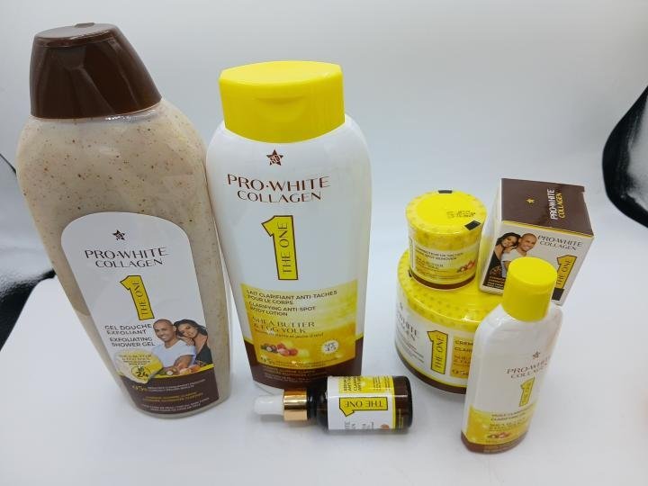 Pro White collagen Gel douche gommant, Lait, Creme Pot, Creme visage Huile et Serum 6 pcs - Imagen 2