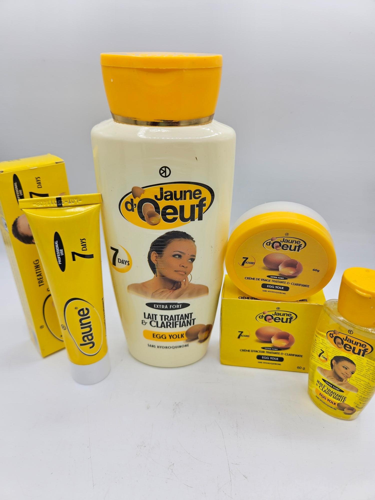 Gamme Jaune d'Oeuf Crème tube , Lait 4500ml , L'huile et Crème visage nti taches concentré clarifiant et efficace 4pcs - Imagen 4
