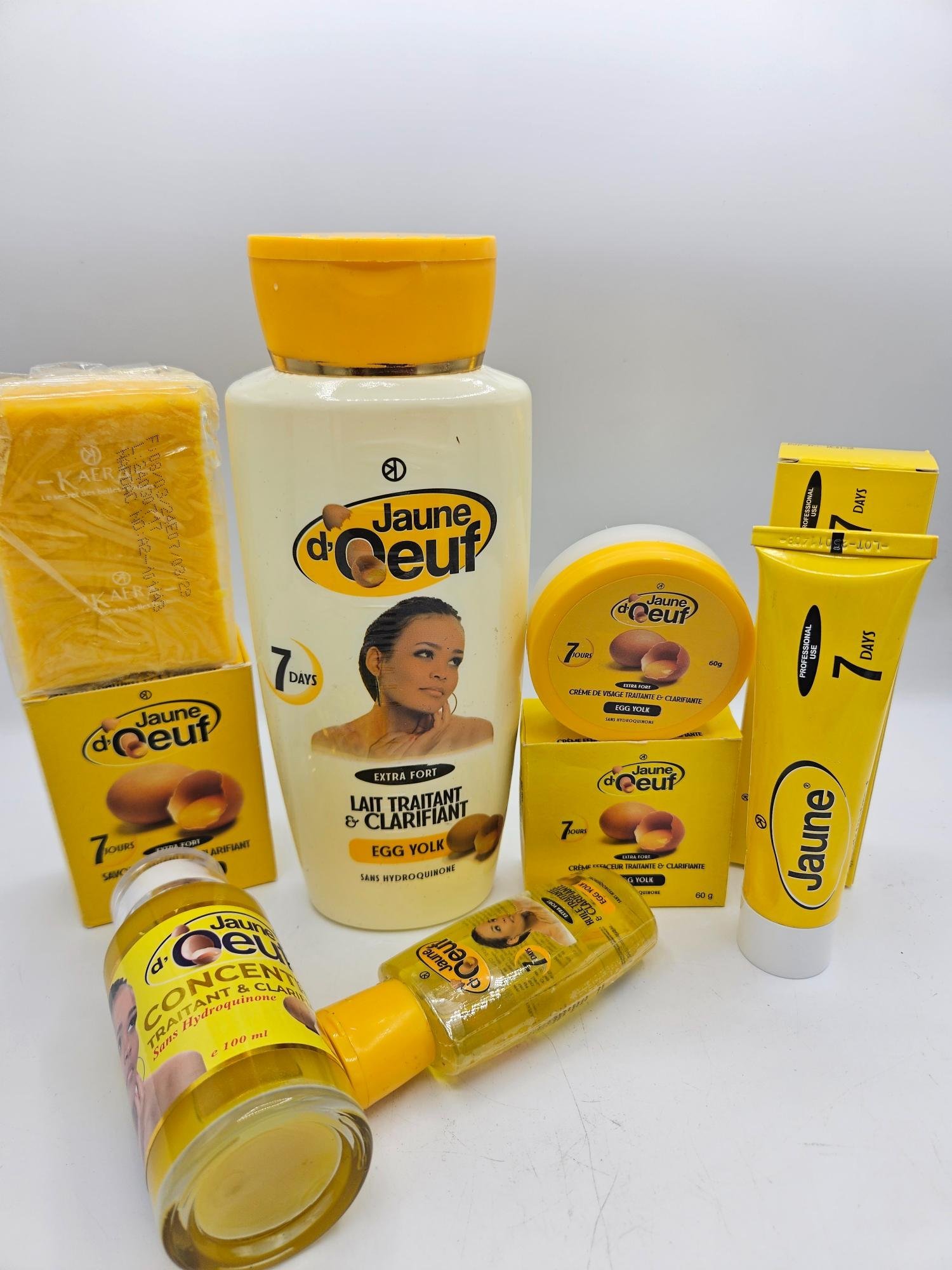 Gamme Jaune d'Oeuf Savon , Lait 4500ml , Creme tube, Concentré bis, Crème visage Et Huile anti taches concentré clarifiant et efficace 6pcs - Imagen 2