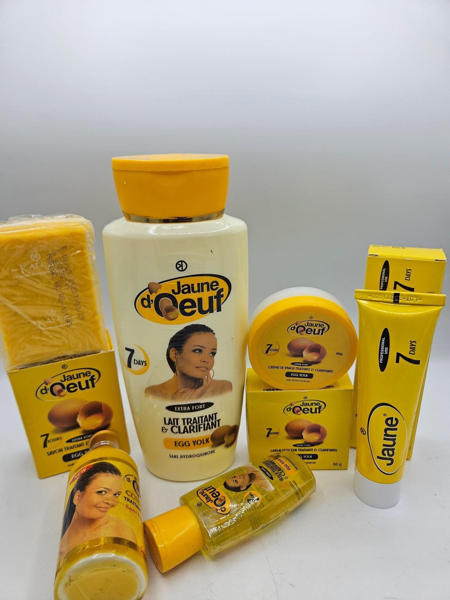 Gamme Jaune d'Oeuf Savon , Lait 4500ml , Creme tube, Concentré bis bis, Crème visage Et Huile anti taches concentré clarifiant et efficace 6pcs - Imagen 2