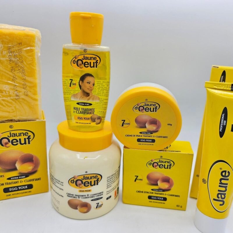 Gamme Jaune d'Oeuf Savon , creme pot 400ml , Creme tube, Crème visage Et Huile anti taches concentré clarifiant et efficace 5pcs