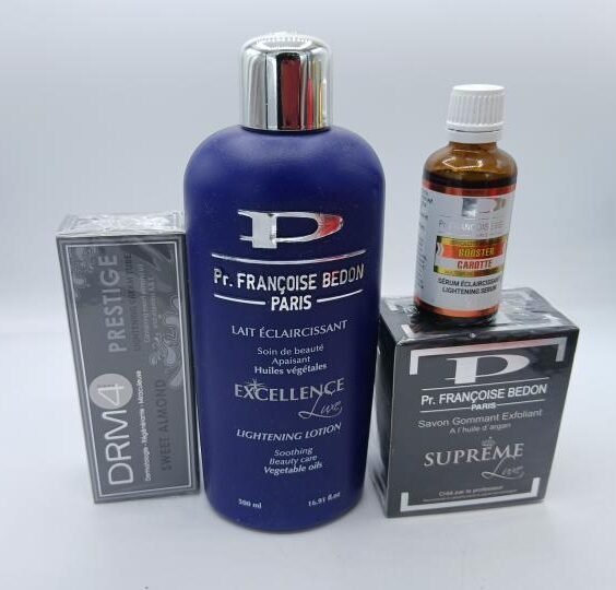 Mini Gama Françoise Bedon Excellence – Leche Excellence, Jabón Suprême, Crema DMR Prestige y Aceite Carrot Booster